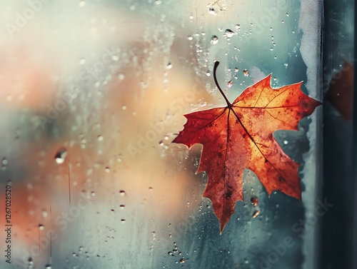Abstract Fall Leaves Sticking to a Rain-Covered Glass Window, Vibrant Autumn Foliage in Red, Orange, and Yellow with Blurred Background and Water Droplets for a Cozy Seasonal Mood