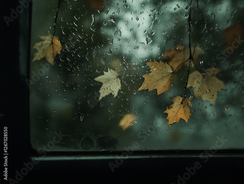 Abstract Fall Leaves Sticking to a Rain-Covered Glass Window, Vibrant Autumn Foliage in Red, Orange, and Yellow with Blurred Background and Water Droplets for a Cozy Seasonal Mood