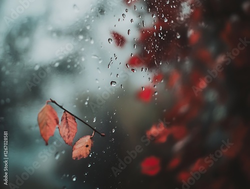 Abstract Fall Leaves Sticking to a Rain-Covered Glass Window, Vibrant Autumn Foliage in Red, Orange, and Yellow with Blurred Background and Water Droplets for a Cozy Seasonal Mood