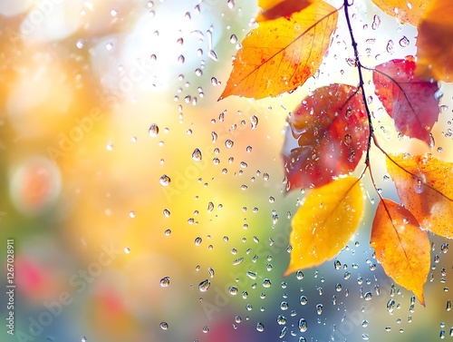Abstract Fall Leaves Sticking to a Rain-Covered Glass Window, Vibrant Autumn Foliage in Red, Orange, and Yellow with Blurred Background and Water Droplets for a Cozy Seasonal Mood