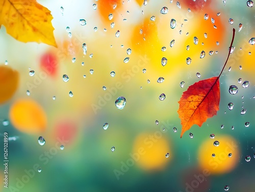 Abstract Fall Leaves Sticking to a Rain-Covered Glass Window, Vibrant Autumn Foliage in Red, Orange, and Yellow with Blurred Background and Water Droplets for a Cozy Seasonal Mood