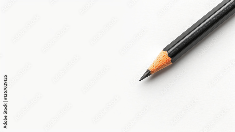 Black Pencil on White: A black pencil lays diagonally on a stark white background, its sharp point poised for creation. Black Pencil on White: A black pencil lays diagonally on a stark white background, its sharp point poised for creation.