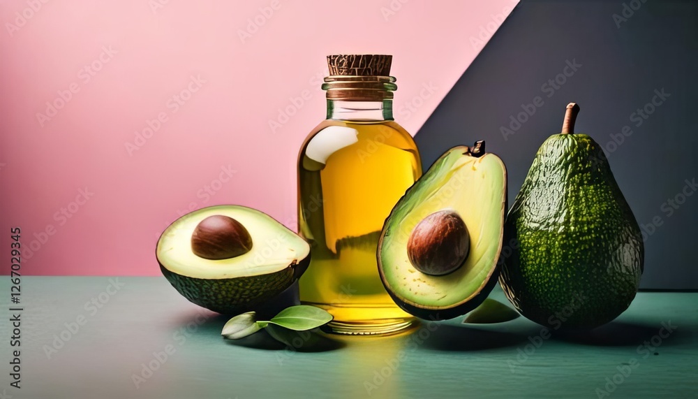 Fresh avocados and a bottle of avocado oil displayed under vibrant neon lighting, creating a modern and artistic composition

