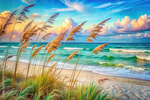 AI-generated watercolor painting: sun-kissed beach, sea oats dance in gentle waves.
