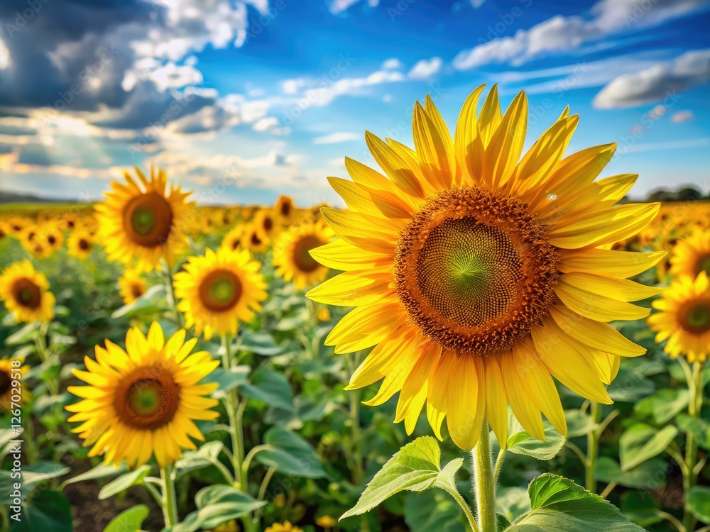 A landscape of golden sunflowers bathed in sunlight, a summer breeze painting the scene. A landscape of golden sunflowers bathed in sunlight, a summer breeze painting the scene.