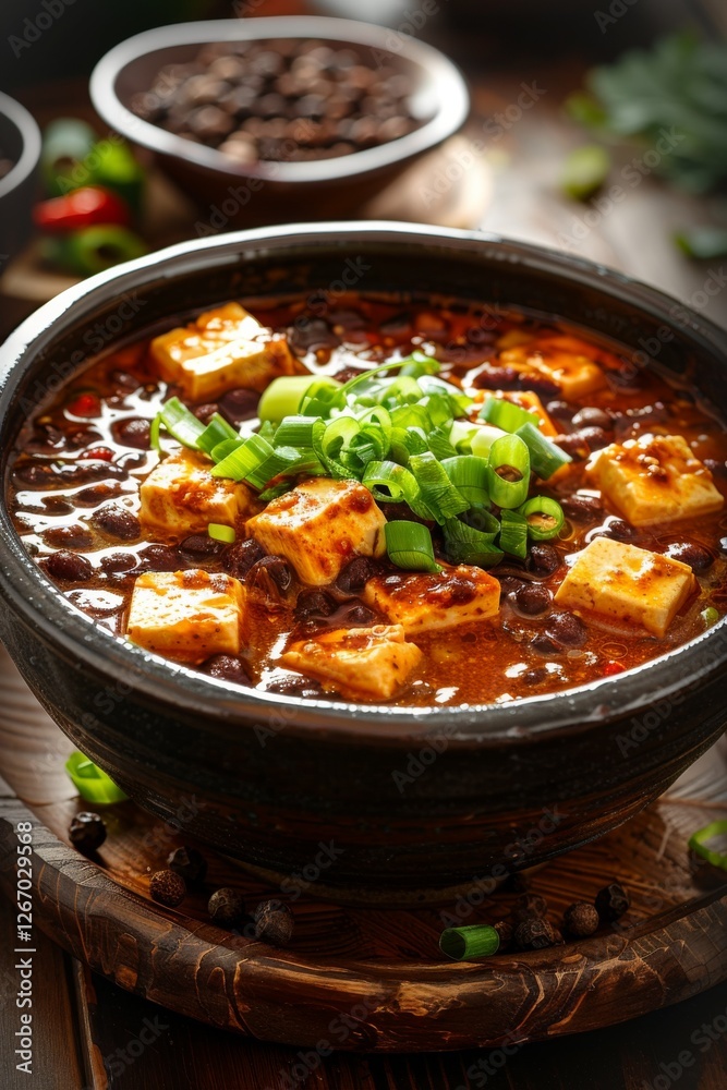 Mapo Tofu, with silky tofu cubes coated in a deep red spicy sauce, garnished with chopped scallions and Sichuan peppercorns, Mapo Tofu, with silky tofu cubes coated in a deep red spicy sauce, garnished with chopped scallions and Sichuan peppercorns,
