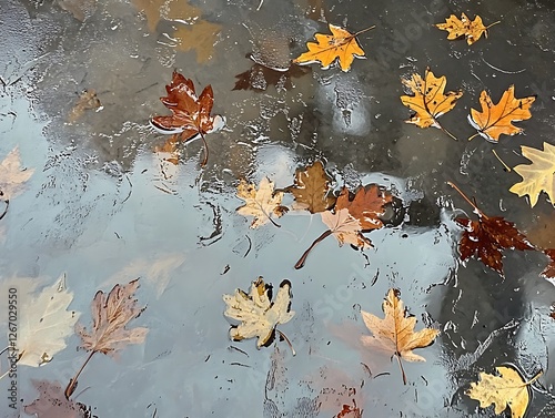 Abstract Fall Leaves Sticking to a Rain-Covered Glass Window, Vibrant Autumn Foliage in Red, Orange, and Yellow with Blurred Background and Water Droplets for a Cozy Seasonal Mood