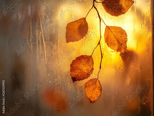 Abstract Fall Leaves Sticking to a Rain-Covered Glass Window, Vibrant Autumn Foliage in Red, Orange, and Yellow with Blurred Background and Water Droplets for a Cozy Seasonal Mood