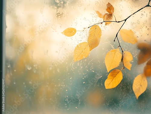 Abstract Fall Leaves Sticking to a Rain-Covered Glass Window, Vibrant Autumn Foliage in Red, Orange, and Yellow with Blurred Background and Water Droplets for a Cozy Seasonal Mood