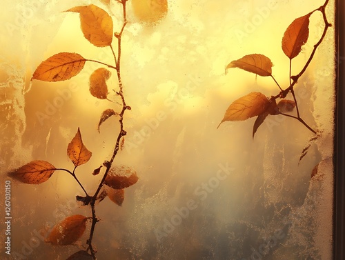Abstract Fall Leaves Sticking to a Rain-Covered Glass Window, Vibrant Autumn Foliage in Red, Orange, and Yellow with Blurred Background and Water Droplets for a Cozy Seasonal Mood
