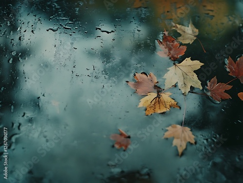 Abstract Fall Leaves Sticking to a Rain-Covered Glass Window, Vibrant Autumn Foliage in Red, Orange, and Yellow with Blurred Background and Water Droplets for a Cozy Seasonal Mood