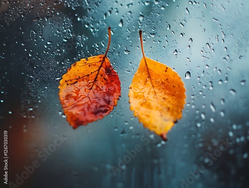 Abstract Fall Leaves Sticking to a Rain-Covered Glass Window, Vibrant Autumn Foliage in Red, Orange, and Yellow with Blurred Background and Water Droplets for a Cozy Seasonal Mood