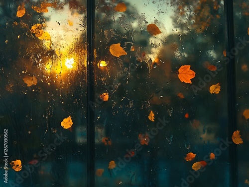 Abstract Fall Leaves Sticking to a Rain-Covered Glass Window, Vibrant Autumn Foliage in Red, Orange, and Yellow with Blurred Background and Water Droplets for a Cozy Seasonal Mood