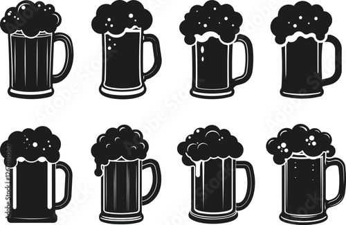 Beer Mug Silhouette Set – Black Vector Icons of Frothy Beer Glasses