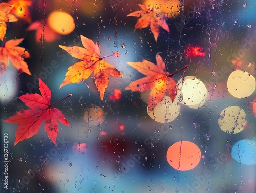 Abstract Fall Leaves Sticking to a Rain-Covered Glass Window, Vibrant Autumn Foliage in Red, Orange, and Yellow with Blurred Background and Water Droplets for a Cozy Seasonal Mood
