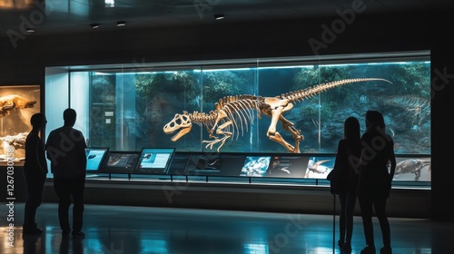 Captivating Dinosaur Skeleton Display in a Modern Museum Setting with Visitors Observing an Impressive Exhibit of Prehistoric Creatures