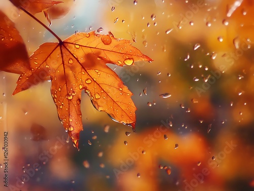 Abstract Fall Leaves Sticking to a Rain-Covered Glass Window, Vibrant Autumn Foliage in Red, Orange, and Yellow with Blurred Background and Water Droplets for a Cozy Seasonal Mood