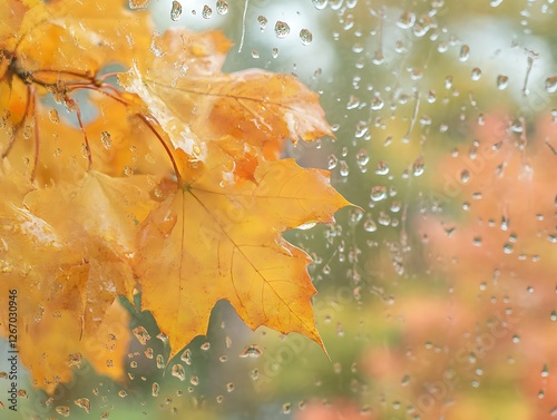Abstract Fall Leaves Sticking to a Rain-Covered Glass Window, Vibrant Autumn Foliage in Red, Orange, and Yellow with Blurred Background and Water Droplets for a Cozy Seasonal Mood