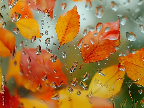 Abstract Fall Leaves Sticking to a Rain-Covered Glass Window, Vibrant Autumn Foliage in Red, Orange, and Yellow with Blurred Background and Water Droplets for a Cozy Seasonal Mood