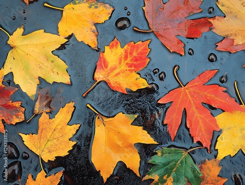 Abstract Fall Leaves Sticking to a Rain-Covered Glass Window, Vibrant Autumn Foliage in Red, Orange, and Yellow with Blurred Background and Water Droplets for a Cozy Seasonal Mood