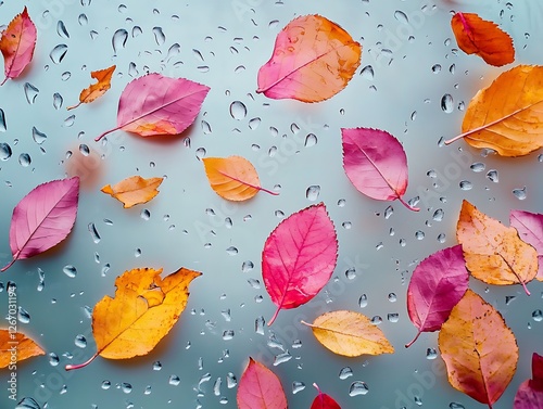 Abstract Fall Leaves Sticking to a Rain-Covered Glass Window, Vibrant Autumn Foliage in Red, Orange, and Yellow with Blurred Background and Water Droplets for a Cozy Seasonal Mood