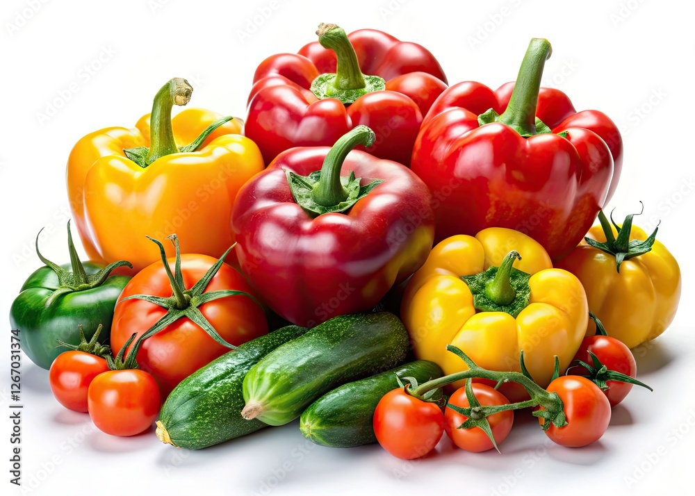 A stunning still life: colorful tomatoes and vegetables pop on a pure white background. Ideal for food-related designs. A stunning still life: colorful tomatoes and vegetables pop on a pure white background. Ideal for food-related designs.