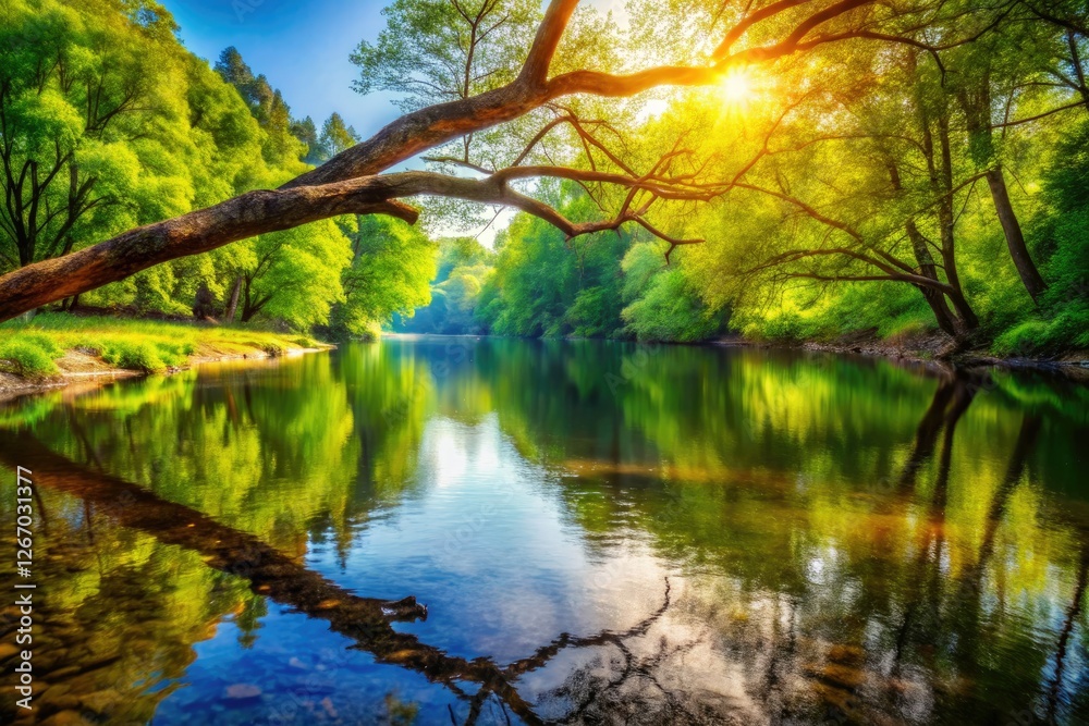 A stunning stream reflects a tranquil scene, peaceful river, branches mirrored in crystal clarity. A stunning stream reflects a tranquil scene, peaceful river, branches mirrored in crystal clarity.