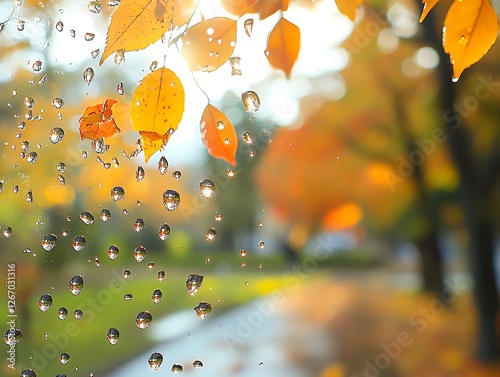 Abstract Fall Leaves Sticking to a Rain-Covered Glass Window, Vibrant Autumn Foliage in Red, Orange, and Yellow with Blurred Background and Water Droplets for a Cozy Seasonal Mood