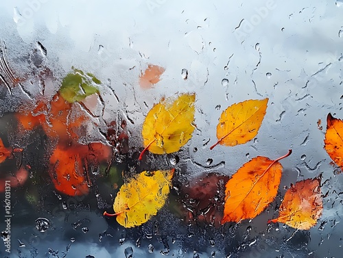 Abstract Fall Leaves Sticking to a Rain-Covered Glass Window, Vibrant Autumn Foliage in Red, Orange, and Yellow with Blurred Background and Water Droplets for a Cozy Seasonal Mood
