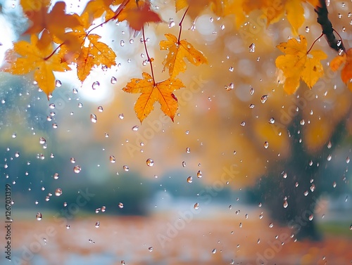 Abstract Fall Leaves Sticking to a Rain-Covered Glass Window, Vibrant Autumn Foliage in Red, Orange, and Yellow with Blurred Background and Water Droplets for a Cozy Seasonal Mood