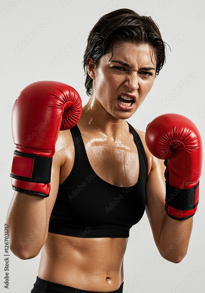 Determined Female Boxer in Red Gloves Showing Aggression and Ready to Fight Determined Female Boxer in Red Gloves Showing Aggression and Ready to Fight