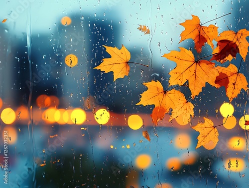 Abstract Fall Leaves Sticking to a Rain-Covered Glass Window, Vibrant Autumn Foliage in Red, Orange, and Yellow with Blurred Background and Water Droplets for a Cozy Seasonal Mood