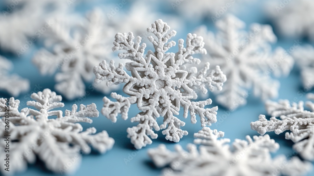Close-up of intricately designed snowflakes scattered on a soft blue background, creating a winter atmosphere Close-up of intricately designed snowflakes scattered on a soft blue background, creating a winter atmosphere