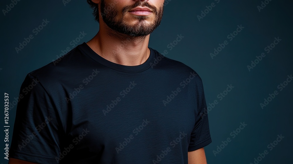 Naklejka premium Close-up portrait of a man wearing a plain dark t-shirt against a solid blue background