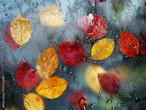 Abstract Fall Leaves Sticking to a Rain-Covered Glass Window, Vibrant Autumn Foliage in Red, Orange, and Yellow with Blurred Background and Water Droplets for a Cozy Seasonal Mood