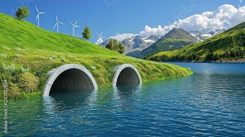 Alpine Landscape with Tunnels, Wind Turbines, and Lake
