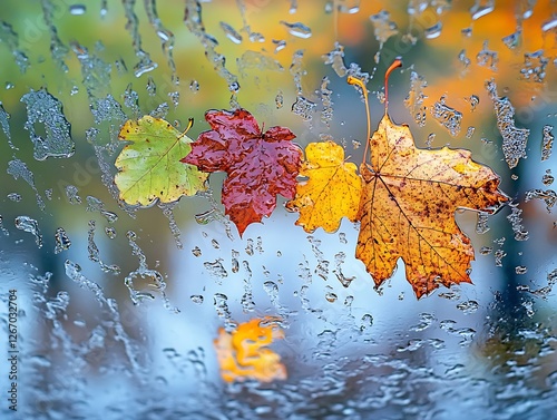 Abstract Fall Leaves Sticking to a Rain-Covered Glass Window, Vibrant Autumn Foliage in Red, Orange, and Yellow with Blurred Background and Water Droplets for a Cozy Seasonal Mood