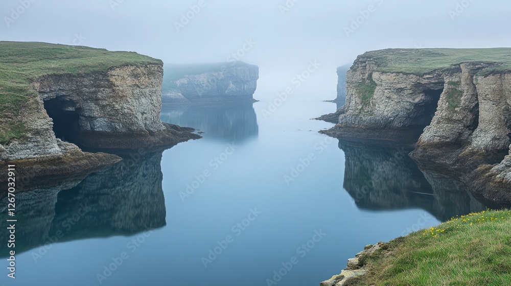 Fototapeta premium Misty Coastal Cliffs and Serene Water Reflection