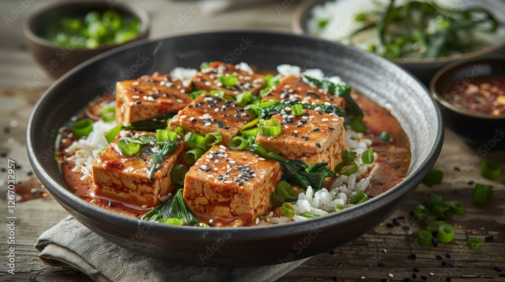Mapo Tofu, with silky tofu cubes coated in a deep red spicy sauce, garnished with chopped scallions and Sichuan peppercorns, Mapo Tofu, with silky tofu cubes coated in a deep red spicy sauce, garnished with chopped scallions and Sichuan peppercorns,