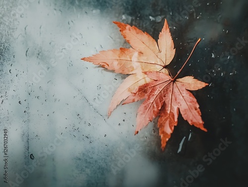 Abstract Fall Leaves Sticking to a Rain-Covered Glass Window, Vibrant Autumn Foliage in Red, Orange, and Yellow with Blurred Background and Water Droplets for a Cozy Seasonal Mood
