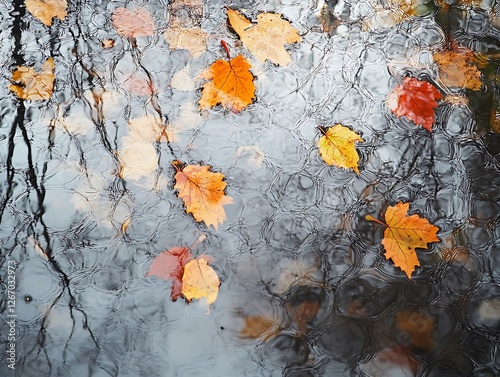 Abstract Fall Leaves Sticking to a Rain-Covered Glass Window, Vibrant Autumn Foliage in Red, Orange, and Yellow with Blurred Background and Water Droplets for a Cozy Seasonal Mood
