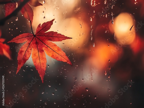 Abstract Fall Leaves Sticking to a Rain-Covered Glass Window, Vibrant Autumn Foliage in Red, Orange, and Yellow with Blurred Background and Water Droplets for a Cozy Seasonal Mood
