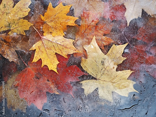 Abstract Fall Leaves Sticking to a Rain-Covered Glass Window, Vibrant Autumn Foliage in Red, Orange, and Yellow with Blurred Background and Water Droplets for a Cozy Seasonal Mood