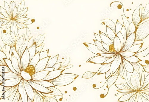 abstract golden linear lotus flowers background with white backdrop 
