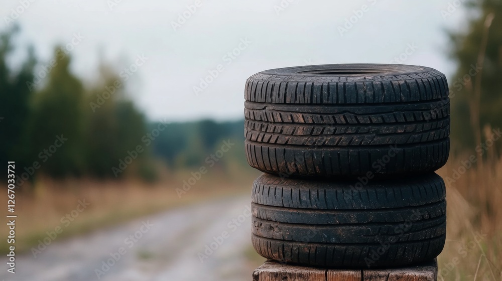 Two used tires stacked roadside, rural background, potential recycling image Two used tires stacked roadside, rural background, potential recycling image