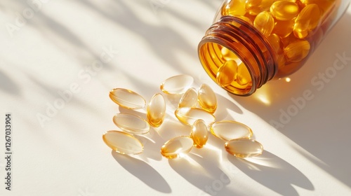 Golden capsules scattered around an open bottle on a light surface with soft shadows