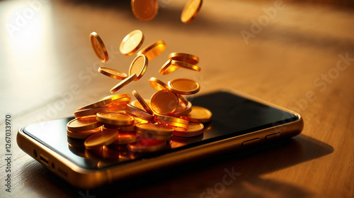 Golden coins falling on a smartphone screen. Money flowing into a mobile phone app. Finance and passive income concept