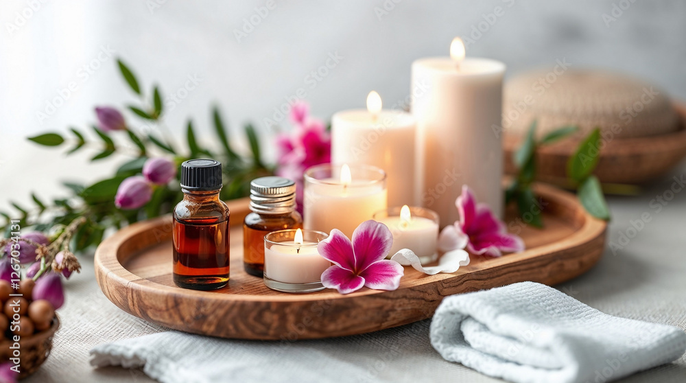 Wooden tray with aroma oils and candles in a spa salon. Natural products for wellness and skincare Wooden tray with aroma oils and candles in a spa salon. Natural products for wellness and skincare