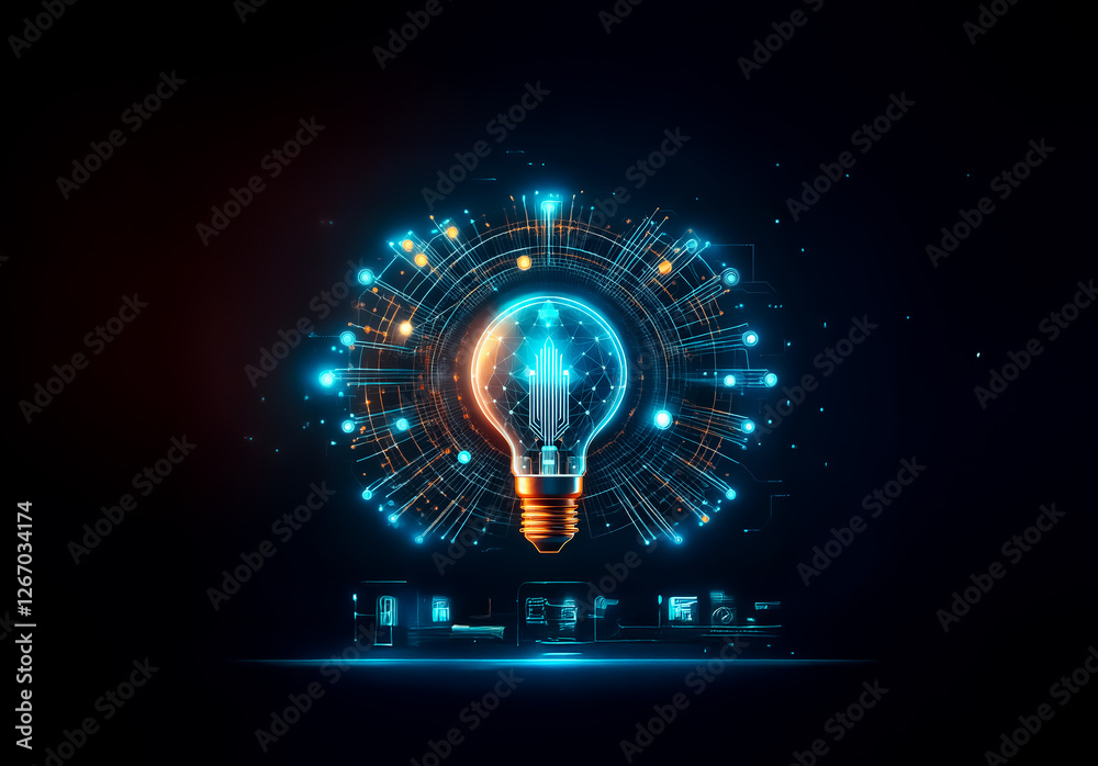Glowing light bulb surrounded by digital network and glowing particles on a dark backdrop. Symbolizes bright ideas, innovation, and future technology.