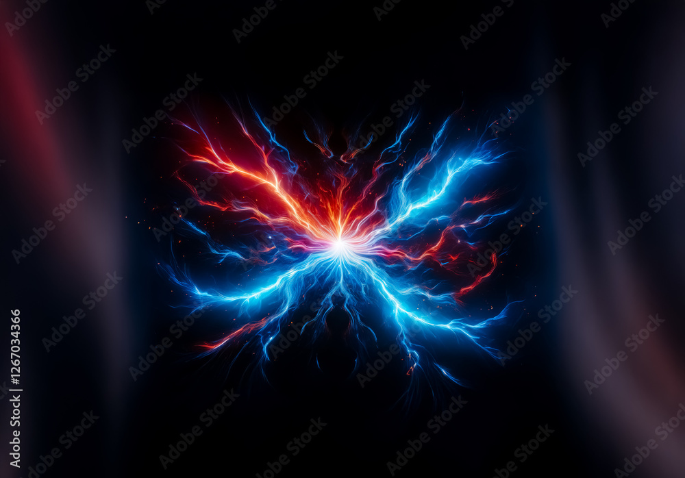 Obraz premium A burst of vibrant energy emanates from a central point, with streams of red and blue light radiating outwards on a dark backdrop, creating a dynamic visual effect.